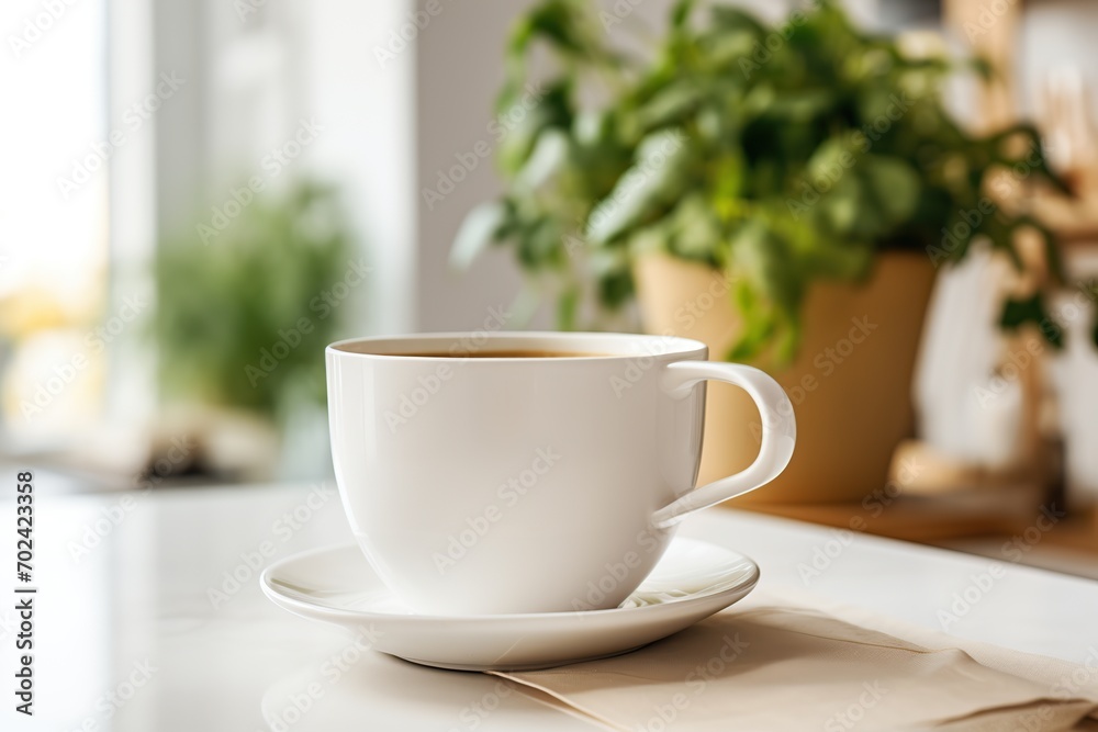 White cup of coffee on kitchen table White cup of coffee on kitchen table