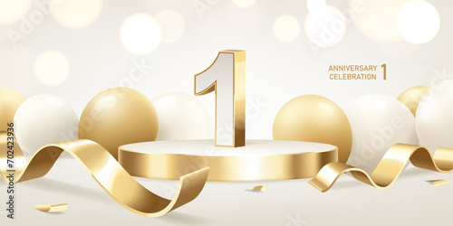 1st Year anniversary celebration background. Golden 3D numbers on round podium with golden ribbons and balloons with bokeh lights in background. 