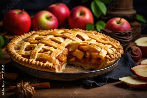 Apple pie on a table surrounded by apples and cinnamon sticks. photo