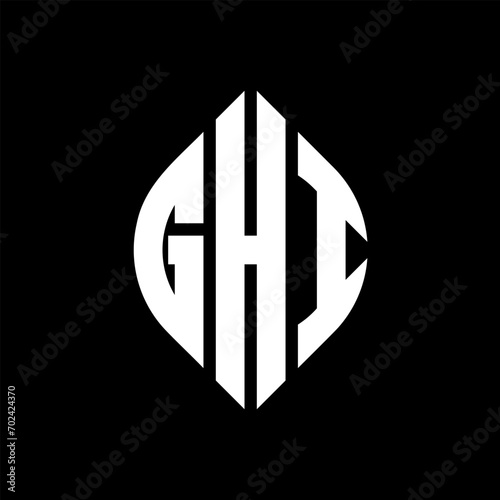 GHI circle letter logo design with circle and ellipse shape. GHI ellipse letters with typographic style. The three initials form a circle logo. GHI Circle Emblem Abstract Monogram Letter Mark Vector.