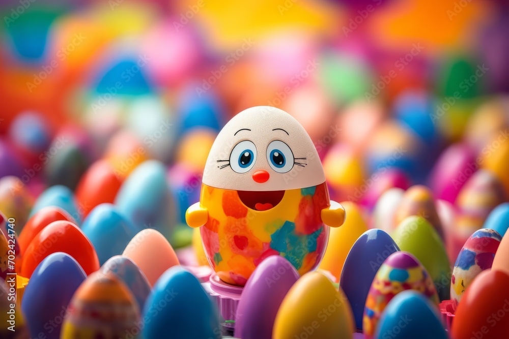cute toy Easter egg with eyes and a smile against the background of many colorful eggs.