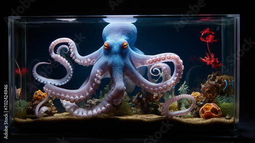 sea water aquarium with swimming octopus