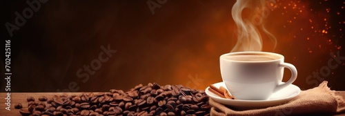 Cup of hot coffee with coffee beans on brown background.Long photo banner for website header design with copy space. Cafe menu concept idea background. Chocolate brown, beige colors.