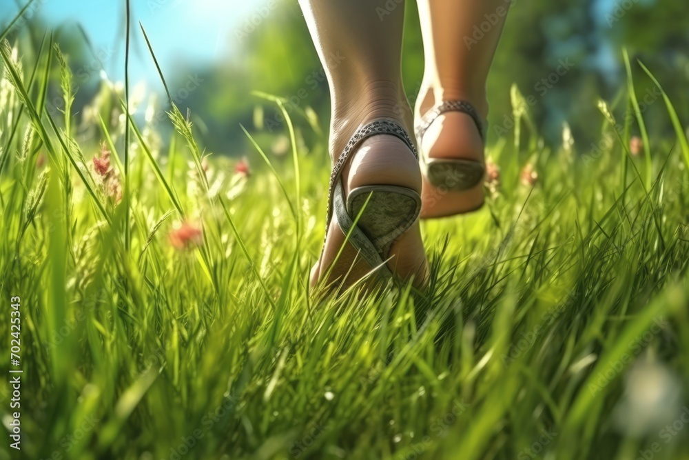 Walking barefoot on green grass, barefoot female feet on the grass