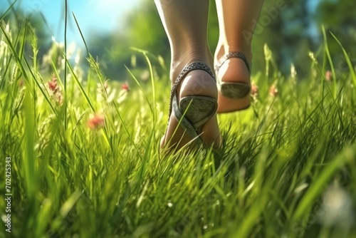 Walking barefoot on green grass, barefoot female feet on the grass