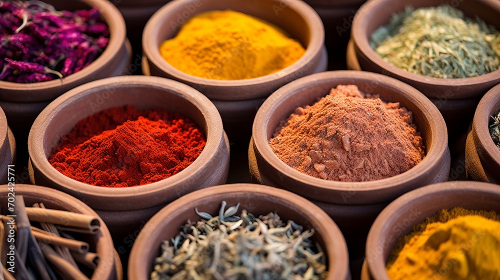 A colorful array of spices and herbs in small ceramic bowls