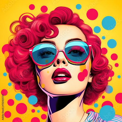 Woman in glasses with pink hair and pink lips pop art style