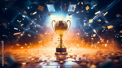 Shiny golden trophy placed on the podium floor, success concept, confetti falling from above, blue smoke and glow. Prize or reward for the winner and champion ceremony, contest triumph stadium stage