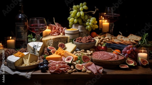 A table set with a beautifully arranged cheese and charcuterie board, a feast for the senses