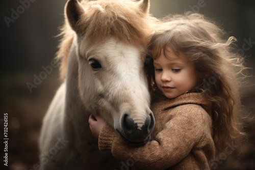 Little cute girl tenderly embraces a light pony. © InfiniteStudio