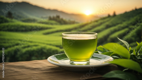 A cup of green tea on a napkin, on the background of tea plantations. generative AI