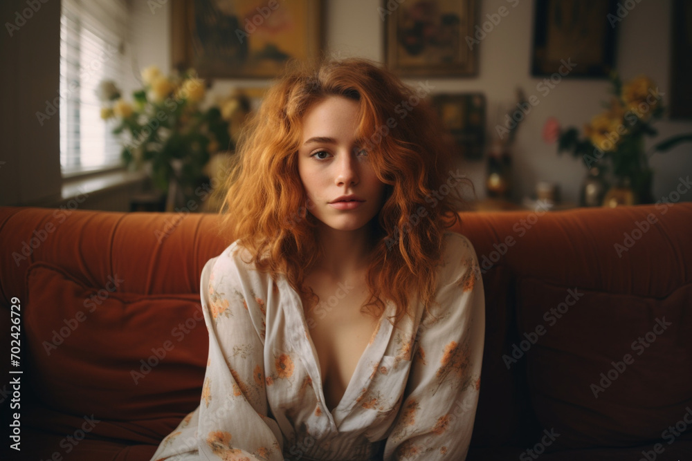 A happy young woman is sitting at home on the couch and looking at the camera portrait of a lovely A happy young woman is sitting at home on the couch and looking at the camera portrait of a lovely