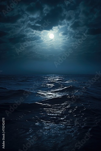 A full moon is shining over the ocean. Generative AI.