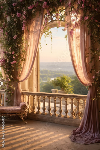 Serene Morning Overlook from a Flower-Adorned Balcony