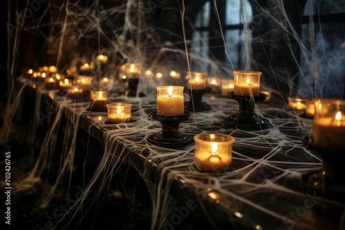 Candles flickering on a spiderweb-covered table