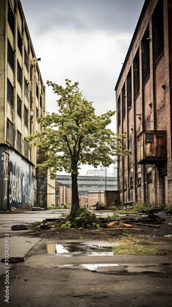 A tree is growing in an empty industrial area. Generative AI.