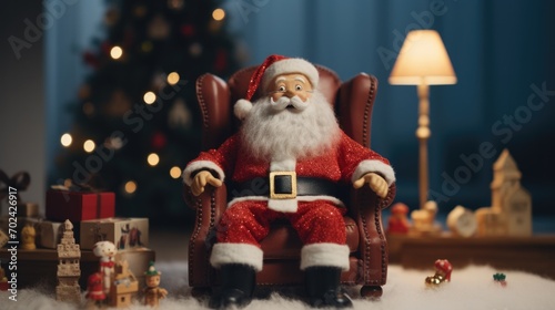 A santa claus figurine sitting on a chair in front of a christmas tree. Generative AI.