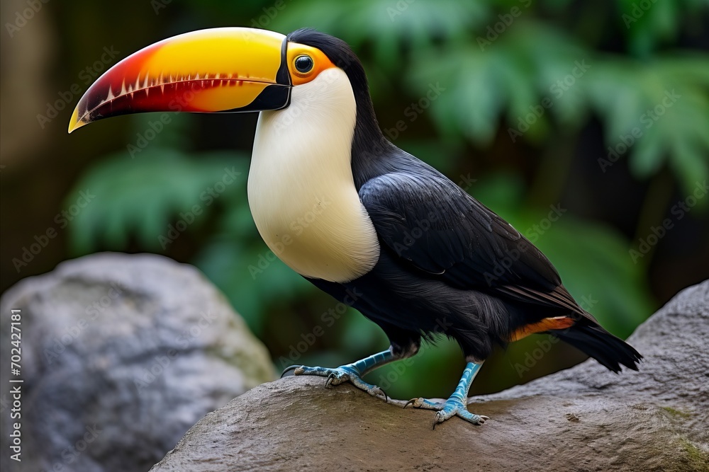 Naklejka premium Vibrant Toucan Perched in Lush Tropical Jungle with Vast Copy Space for Design Composition