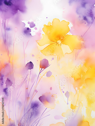 Abstract yellow and purple watercolor spring flowers background 