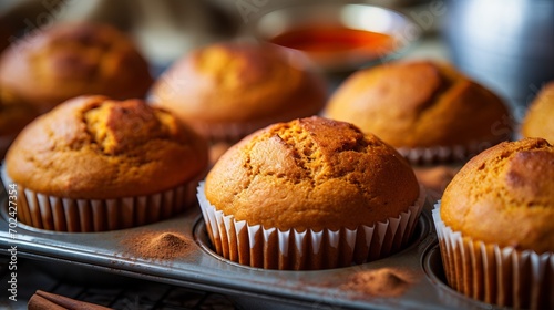 Close-up of pumpkin-flavored muffins fresh out of the oven, highlighting their moist texture and aromatic spices