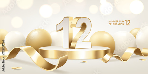 12th Anniversary celebration background. Golden 3D numbers on round podium with golden ribbons and balloons with bokeh lights in background.