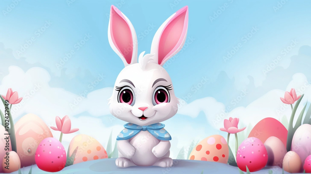 Fototapeta premium copy space, beautiful sweet cartoon illustration, Easter bunny with easter eggs. Easter mockup. Beautiful easter greeting card, invitation. Poster. Cute easter bunny with easter eggs.