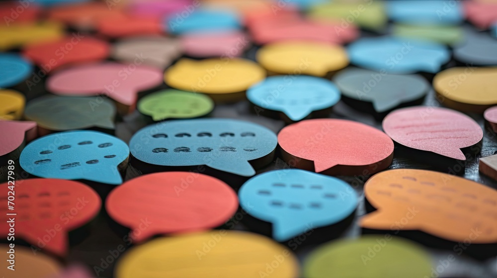 Group of colorful speech bubbles, close-up, selective focus Group of colorful speech bubbles, close-up, selective focus