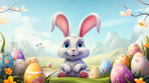 copy space, beautiful sweet cartoon illustration, Easter bunny with easter eggs. Easter mockup. Beautiful easter greeting card, invitation. Poster. Cute easter bunny with easter eggs. © Dirk