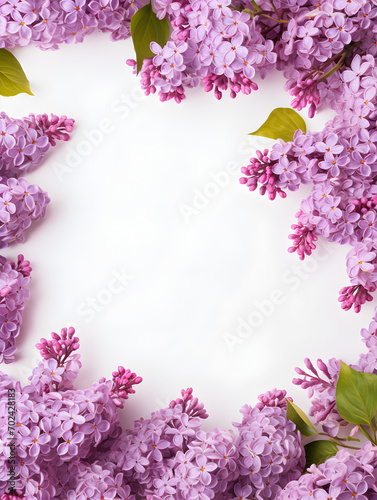 Lilac flowers frame with white background and copy space inside