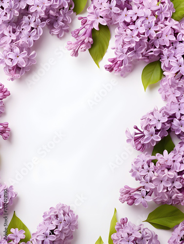 Lilac flowers frame with white background and copy space inside