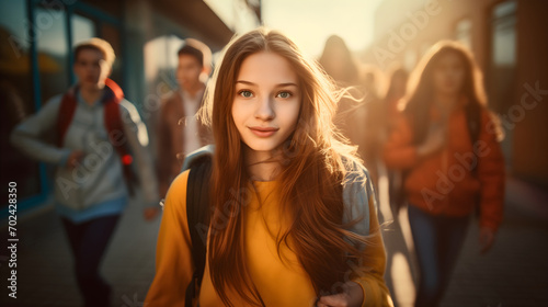 Close up photography of a smiling young teenage girl with brunette hair wearing a backpack and looking at the camera. Walking in front of the school or university building, group of friends blurred © Nemanja