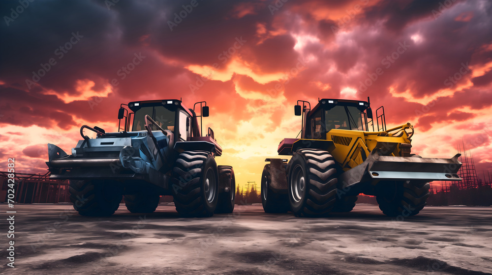 Dig Vehcles Foto de Blue and yellow bulldozer machines parked on a soil dirt land ...