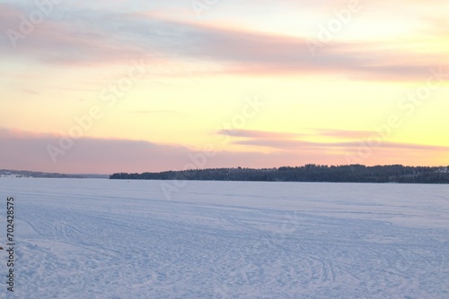 Sunset over Storsön near Östersund in Sweden. Cold cold day.