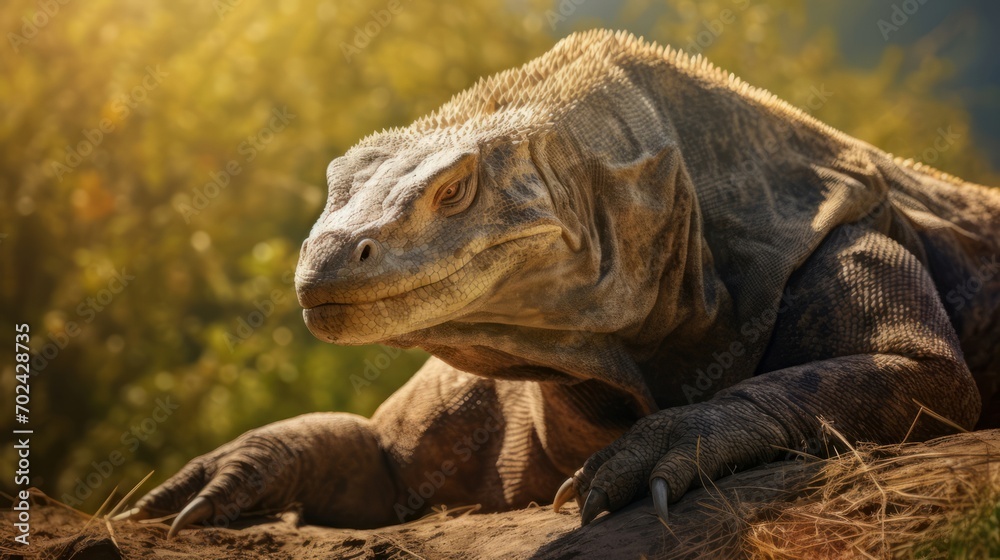 Fototapeta premium Majestic reptile basking in the sun on a barren landscape