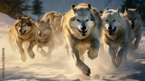 Pack of wolves running through a snowy landscape photo