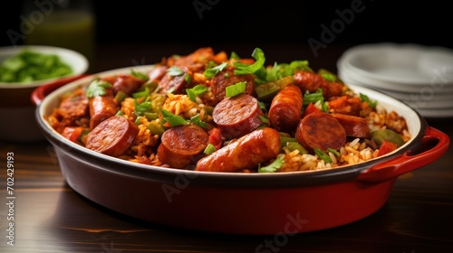 Greasy and flavorful jambalaya with a spicy mixture of rice, sausage, and seafood