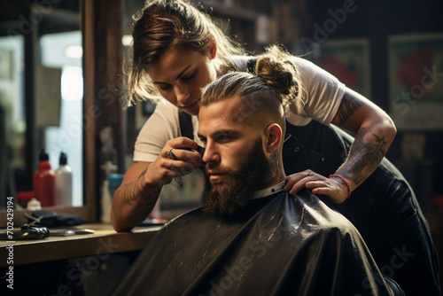 A woman braids a male customer's hair while working in a barber shop photo