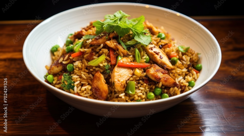 Greasy and savory chicken fried rice with a medley of vegetables and soy sauce