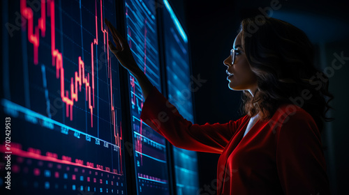 Businesswoman in red and indigo lighting pointing towards a rising stock chart.