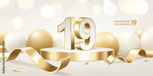19th Anniversary celebration background. Golden 3D numbers on round podium with golden ribbons and balloons with bokeh lights in background. photo