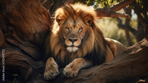 Majestic lion resting on a tree branch