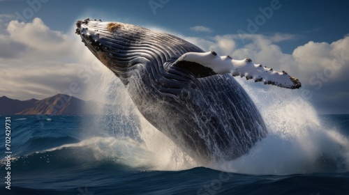 Majestic humpback whale breaching out of the ocean © KerXing