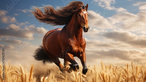 Majestic horse galloping through a golden field of wheat