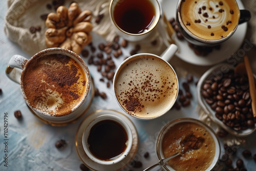 Top view of various coffees on a white background