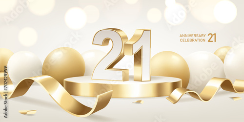 21st Anniversary celebration background. Golden 3D numbers on round podium with golden ribbons and balloons with bokeh lights in background.
