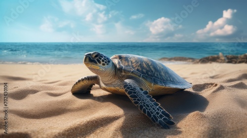 Majestic green turtle basking on a sandy beach with the breathtaking ocean as its backdrop