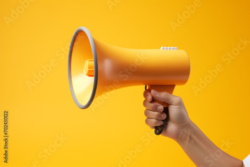 A person holds a megaphone against a yellow background.