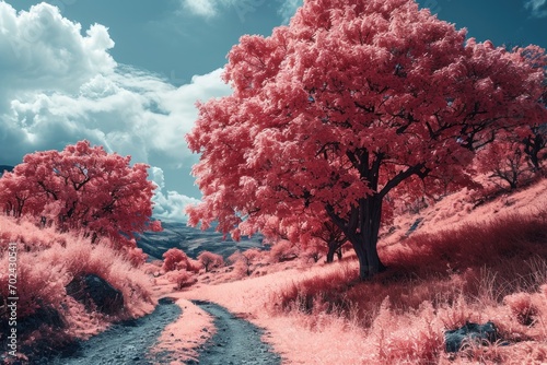 Infrared photography, pink tree against blue sky in spring time