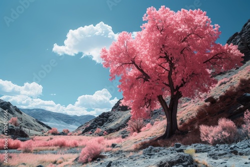 Infrared photography, pink tree against blue sky in spring time © authapol