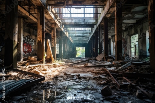 Documenting abandoned or hidden urban spaces, old factory industrial building inside interior.